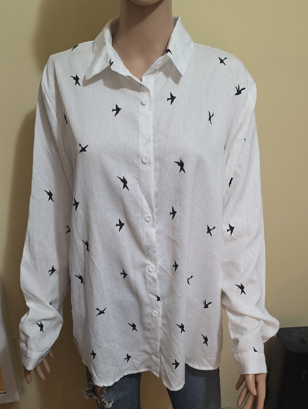 White Button-Up Shirt with Small Black Bird Print